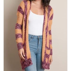 Cozy Mustard & Burgundy Stripe Long Cardigan Sweater – Large